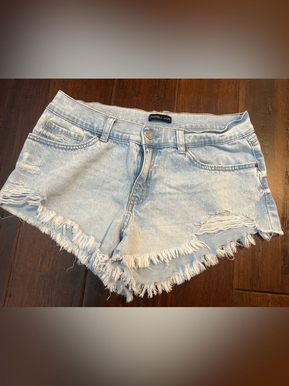 Sincerely Jules Light Blue Distressed Denim Cutoff Shorts - little spot on front